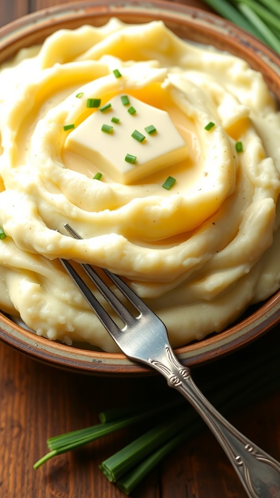 Creamy mashed potatoes with cream cheese, topped with butter and chives in a rustic bowl.